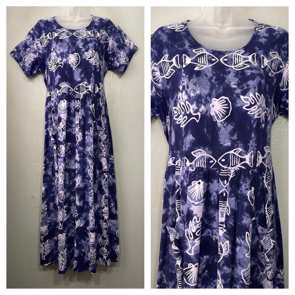 90s Fish Dress Size Medium Blue Batik Beach Resortwear Vacation Hawaiian Cottage